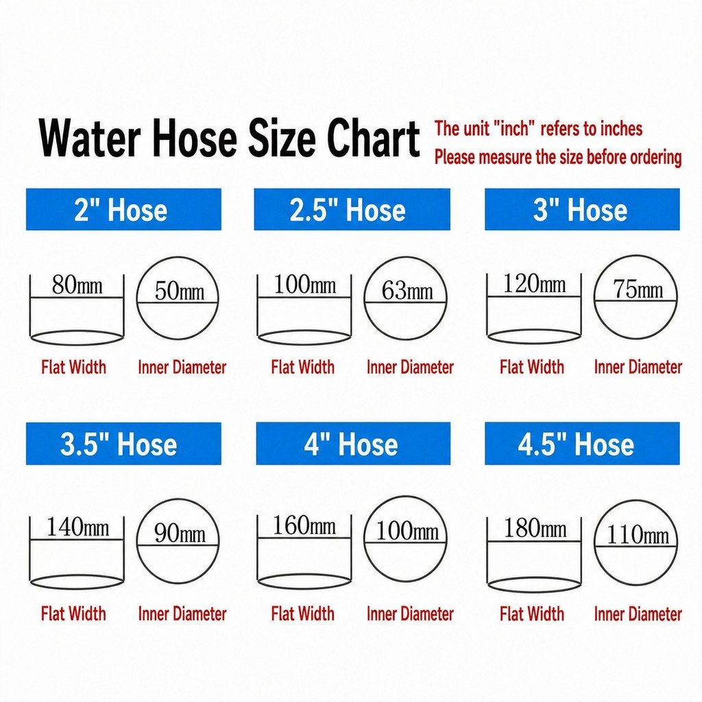 Layflat hose dimension chart (2-4.5 inch flattened width / round diameter)